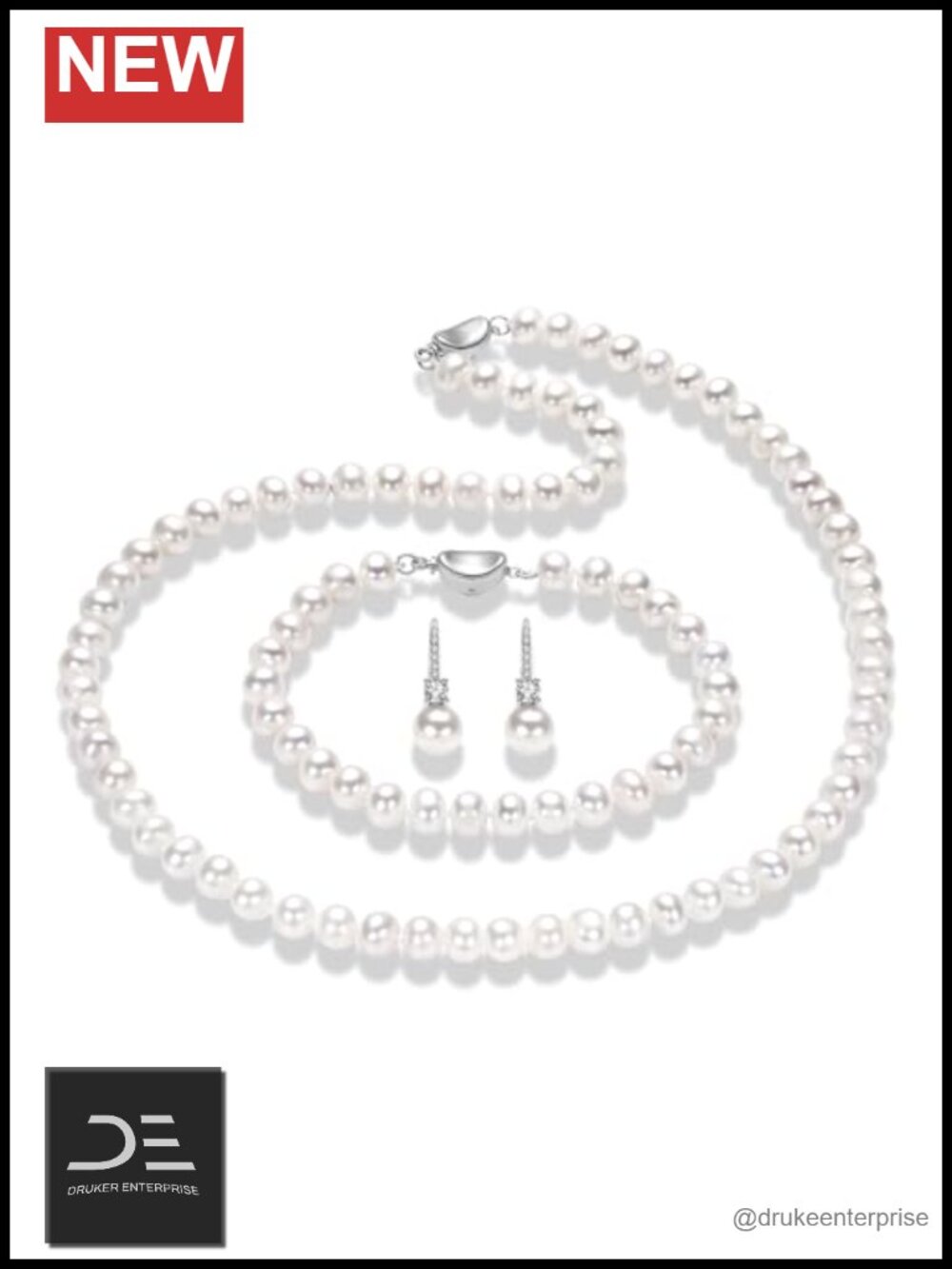 Genuine Freshwater Pearl 3-Piece Necklace Set 925 Sterling Silver Bracelet